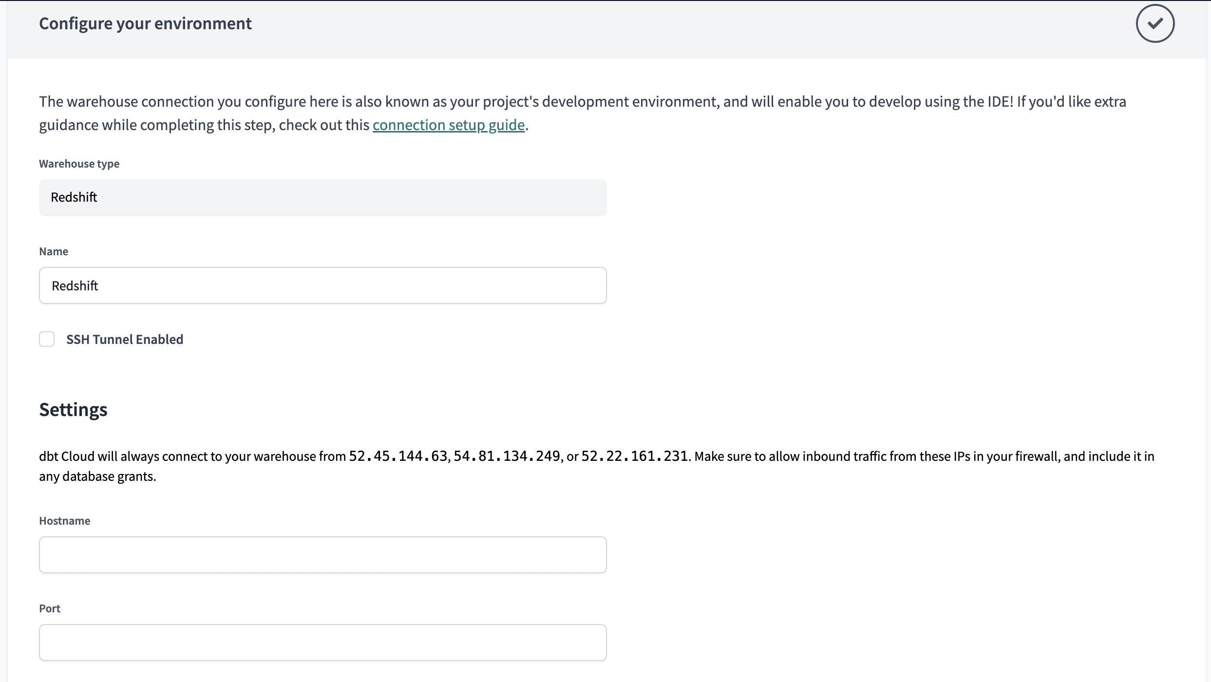 Configuring a Redshift connection